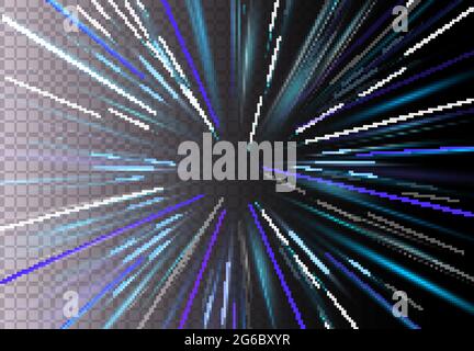 Vector illustration of high speed, motion light effect, light with lens flare. Starburst fast move on transparent background. Magic blue Rays. Stock Vector