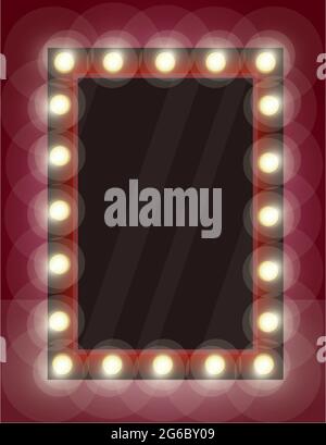 Vector illustration of mirror with lamps in realistic style on dark background. Stock Vector