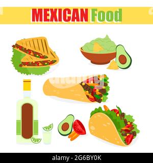 Vector illustration of a set of Mexican traditional dishes, tacos, burrito with avocado meat, tequila corn, isolated on a white background in a Stock Vector