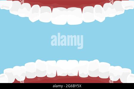 Vector illustration of cartoon mouth inside with white teeth. Dental hygiene background in flat style on blue color background. Stock Vector