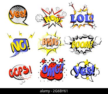 Vector illustration set of retro comic speech bubbles in bright colors on white background. LOL, NO, WOW, YES, SALE, BOOM, oops pop art. Stock Vector
