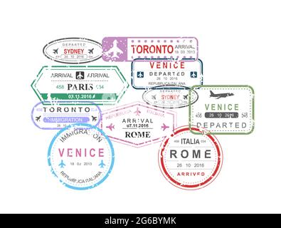 Vector illustration of International travel visa passport stamps in car shape composition on white background, travel concept. Stock Vector