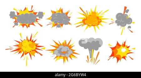 Vector illustration set of smooth vector explosion effect, bomb boom in cartoon comic retro style. Shots motion flash and boom elements on white Stock Vector
