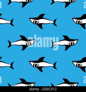 Shark Isolated on Blue Background. Fish Seamless Pattern Stock Vector