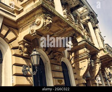 Elements of the facade of a historic abandoned building. Odessa Ukraine, Primorsky boulevard, natural light. Stock Photo