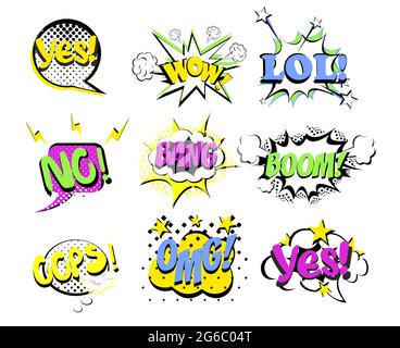 Vector illustration set of cartoon, pop art comic speech bubbles with popular words. Colored Pop Art and pin up style lol, yes, oops and other words Stock Vector