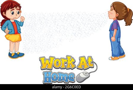 Work at Home font in cartoon style with two kids do not keep social ...