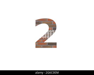 number 2 of the alphabet made with wall of bricks, in brown, orange, red grey and isolated on a white background Stock Photo