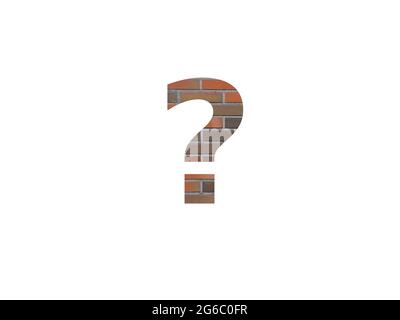 question mark of the alphabet made with wall of bricks, in brown, orange, red grey and isolated on a white background Stock Photo