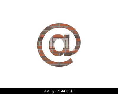 At sign, mail sing of the alphabet made with wall of bricks, in brown, orange, red grey and isolated on a white background Stock Photo