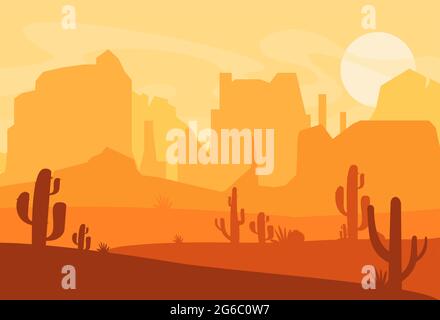 Vector illustration of Western Texas desert silhouette. Wild west america scene with sunset in desert with mountains and cactus in flat cartoon style. Stock Vector
