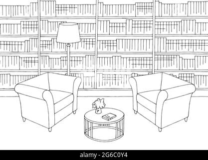 Library interior graphic black white sketch illustration vector Stock Vector