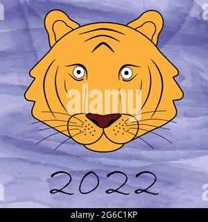a postcard with tiger face on a blue watercolor background is a symbol of the year Stock Vector