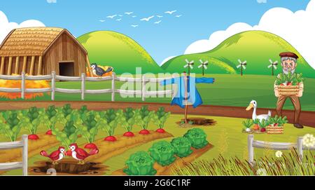 Farm scene with old farmer man and farm animals illustration Stock ...