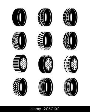 Vector illustration set of tire and wheels black color icons on white background. Different wheel tyre symbols and logos collection. Stock Vector
