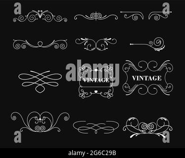 Vector illustration set of white color vintage decor elements and wicker lines on black background. Calligraphic design elements for greeting cards. Stock Vector