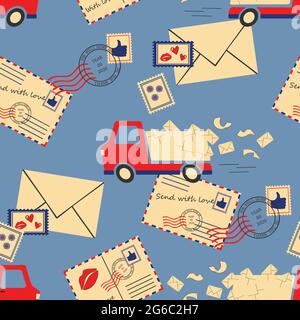 Seamless vector pattern with vintage envelopes and delivery van on blue background. Postage service wallpaper design. Transport fashion textile. Stock Vector