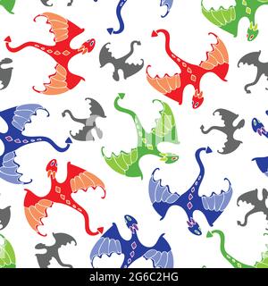 Seamless vector pattern of cute cartoon dragons on white background. Colourful fantasy wallpaper design for children. Flying animal fashion textile. Stock Vector