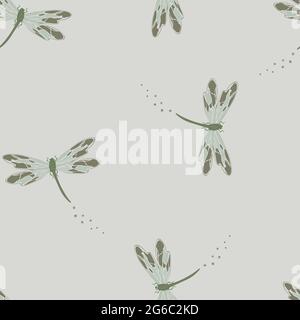 Seamless vector pattern with dragonfly's on grey background. Simple insect wallpaper design. Home decoration fashion textile. Stock Vector