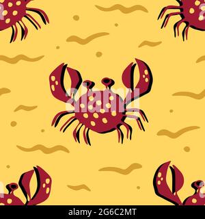 Seamless vector pattern with crabs on yellow background. Tropical sand wallpaper design. Sea life fashion textile.