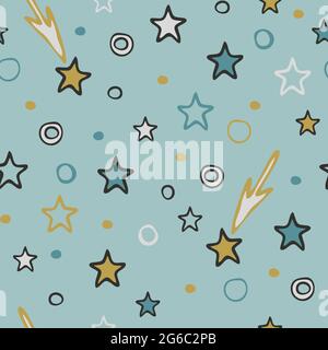Seamless vector pattern with stars on light blue background. Simple bedroom wallpaper design for children. Decorative baby shower fashion textile. Stock Vector