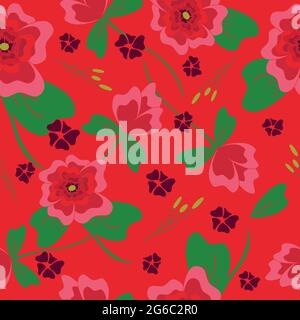 Seamless vector pattern with pink flowers on red background. Beautiful romantic wallpaper design. Floral fashion textile. Stock Vector