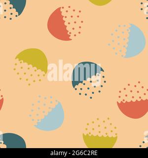 Seamless vector pattern with abstract spotted bowls on pink background. Simple textile wallpaper design with halved circle and dots. Stock Vector