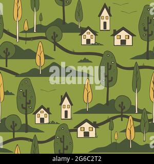 Seamless vector pattern with country house and trees on green background. Simple home landscape wallpaper design. Happy village fashion textile. Stock Vector