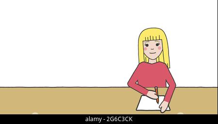 Image of illustration of schoolgirl sitting at desk and writing on white background Stock Photo