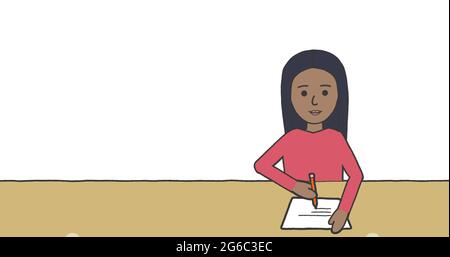 Image of illustration of schoolgirl sitting at desk and writing on white background Stock Photo