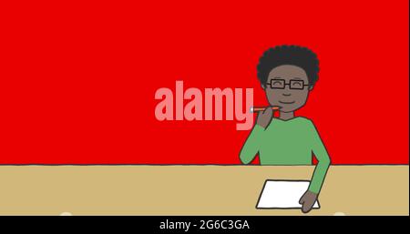 Image of illustration of schoolboy sitting at desk and writing on red background Stock Photo