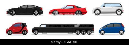 Vector illustration set of different modern passenger cars. Sedan car, universal car, hatchback, mini car, limousine on white background in flat style Stock Vector