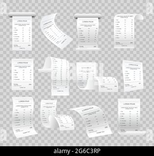 Vector illustration set of realistic paper checks, bills, various receipts and printed bills on transparent background. Stock Vector