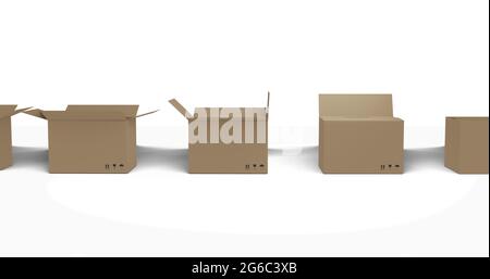 Seamless row of brown cardboard boxes with lids closing on white background Stock Photo