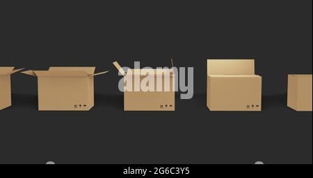 Seamless row of brown cardboard boxes with lids closing on black background Stock Photo