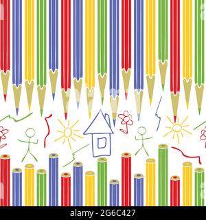 Seamless vector pattern with colour pencils on white background. Simple kids art wallpaper design. preschool fashion textile. Stock Vector