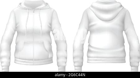 Template of blank white hoodie with pocket. Front and back views. Photo-realistic vector illustration. Stock Vector
