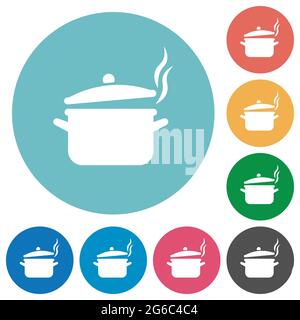 Steaming pot with lid flat white icons on round color backgrounds Stock Vector