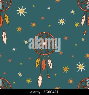 Seamless vector pattern with dream catcher on green background. Spirituality wallpaper design. Talisman fashion textile. Stock Vector