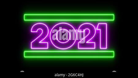 Image of flickering purple neon 2021 number and green bars on black background Stock Photo