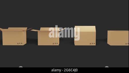 Seamless row of brown cardboard boxes with lids opening on black background Stock Photo