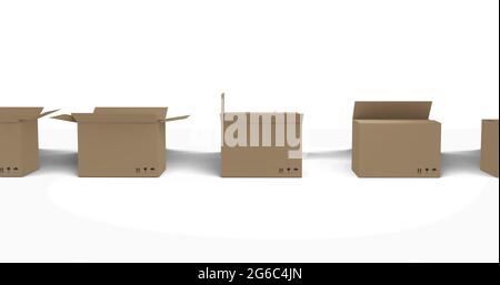 Seamless row of brown cardboard boxes with lids opening on white background Stock Photo