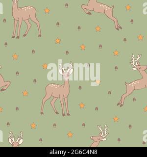 Seamless vector pattern with deer and stars on green background. Simple forest animal wallpaper design. Decorative fashion textile. Stock Vector