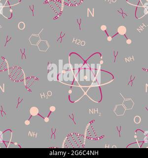 Seamless vector pattern with DNA and atoms on grey background. Simple  modern chemistry wallpaper design. Science fashion textile. Stock Vector