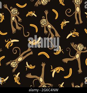 Seamless vector pattern with funny monkeys and bananas on black background. Cute animal wallpaper design for children. Kids fashion textile. Stock Vector