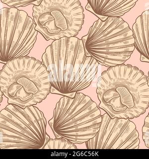 Seamless pattern in line art vintage style with scallops. Sea food texture for wrapping, design, fabric Stock Vector