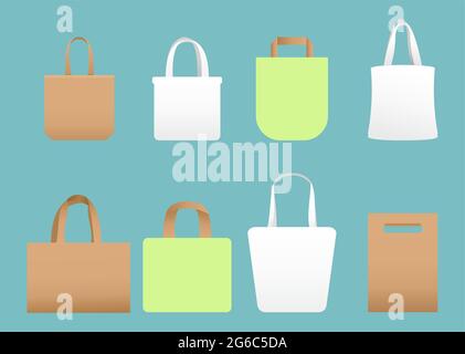 Vector illustration set of shopping eco canvas bags different shapes in white, beige and green colors, mock-up. Stock Vector