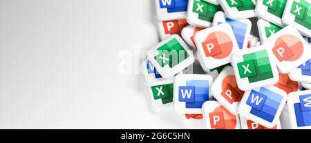 Logos of the Microsoft Office components Word, Excel, Powerpoint on a ...