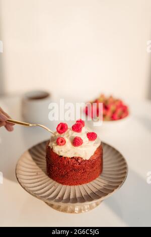 Delicious cupcakes with berries on stand over white background Stock Photo