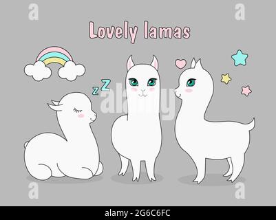 Vector illustration set of beautiful cute llama alpaca. Happy lama, in love, sleeping alpaca with stars and rainbow in cartoon style. Stock Vector